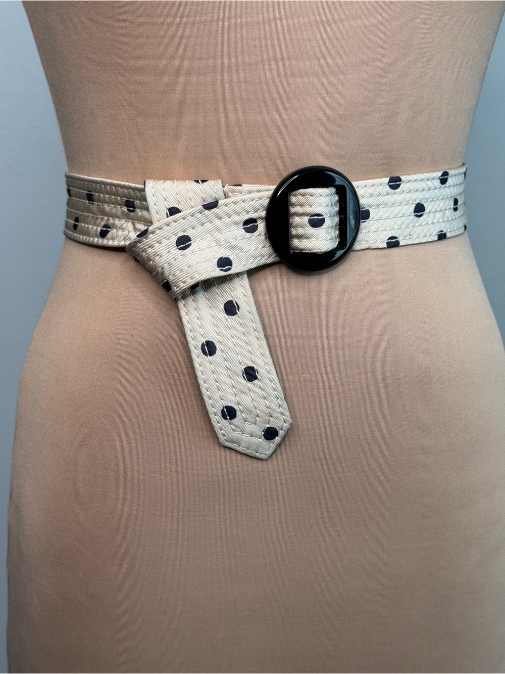 J.Crew 100% Silk Belt Ivory Beige Polka Dot Vintage 2007 Small Medium Adjustable